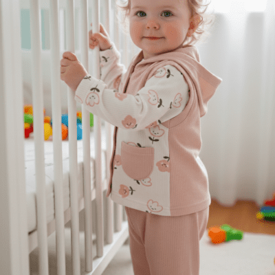 Kız Bebek Lale Model Kapüşonlu 3lü Takım