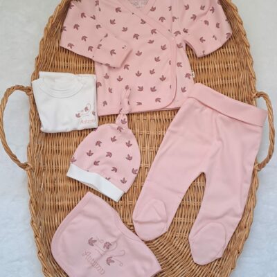 Pembe Yapraklı Kruvaze Yaka 5li Zıbın Seti