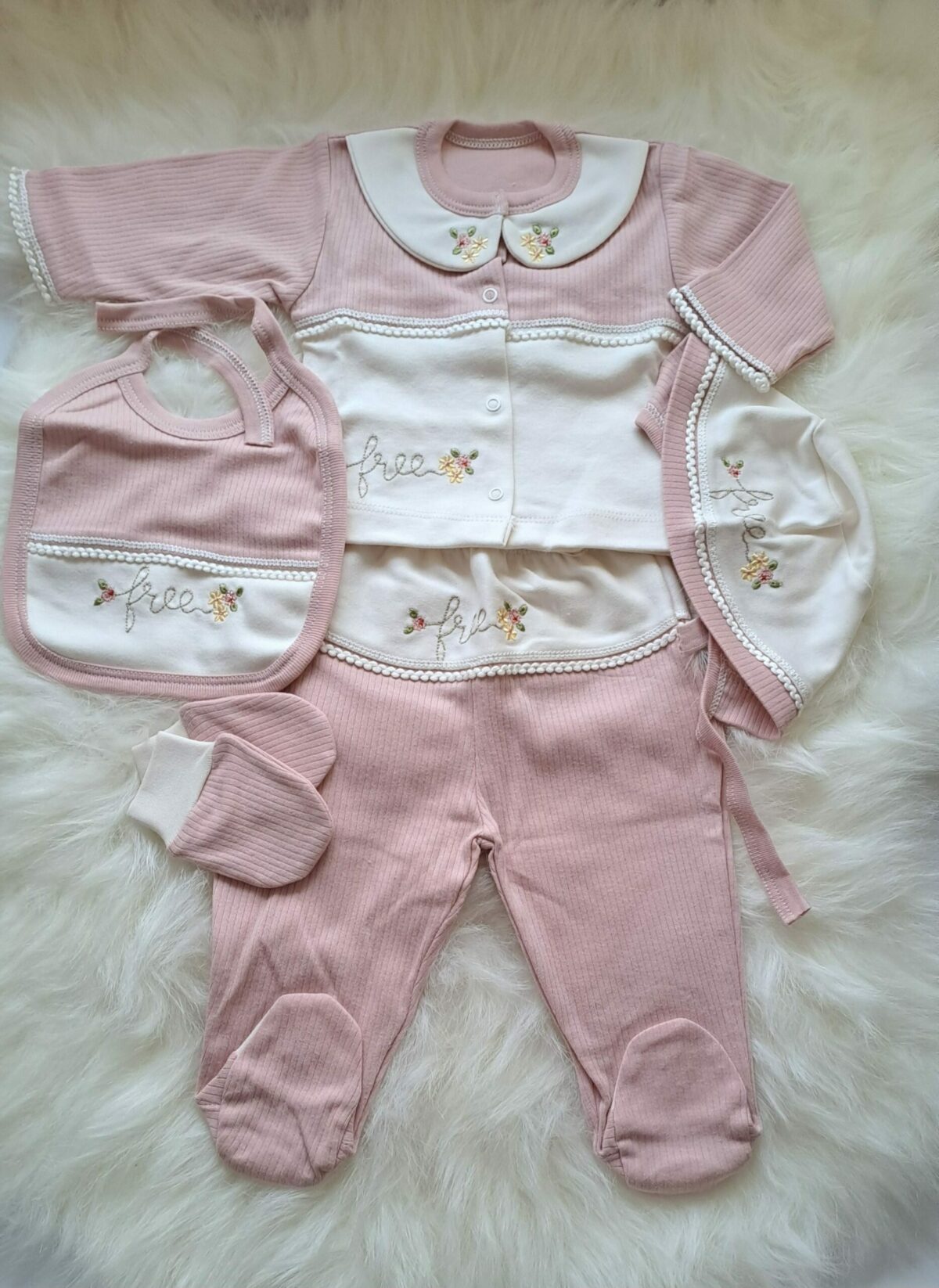 Free Yazılı Çiçek Nakışlı Bebe Yaka 5li Set - Görsel 3