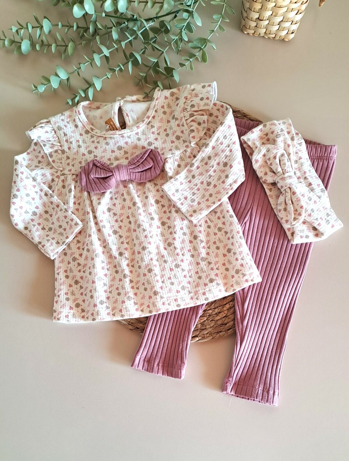 Kız Bebek Fiyonklu  Bandanalı 3lü Takım - Görsel 1