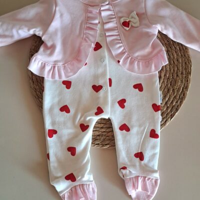 Kız Bebek Tulum % 100 Pamuk Kalpli Bolerolu