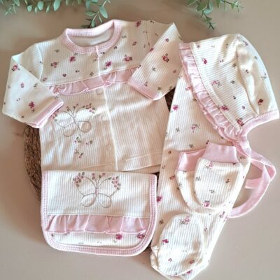 Kelebek Nakışlı Çiçekli Fırfırlı 5li Set