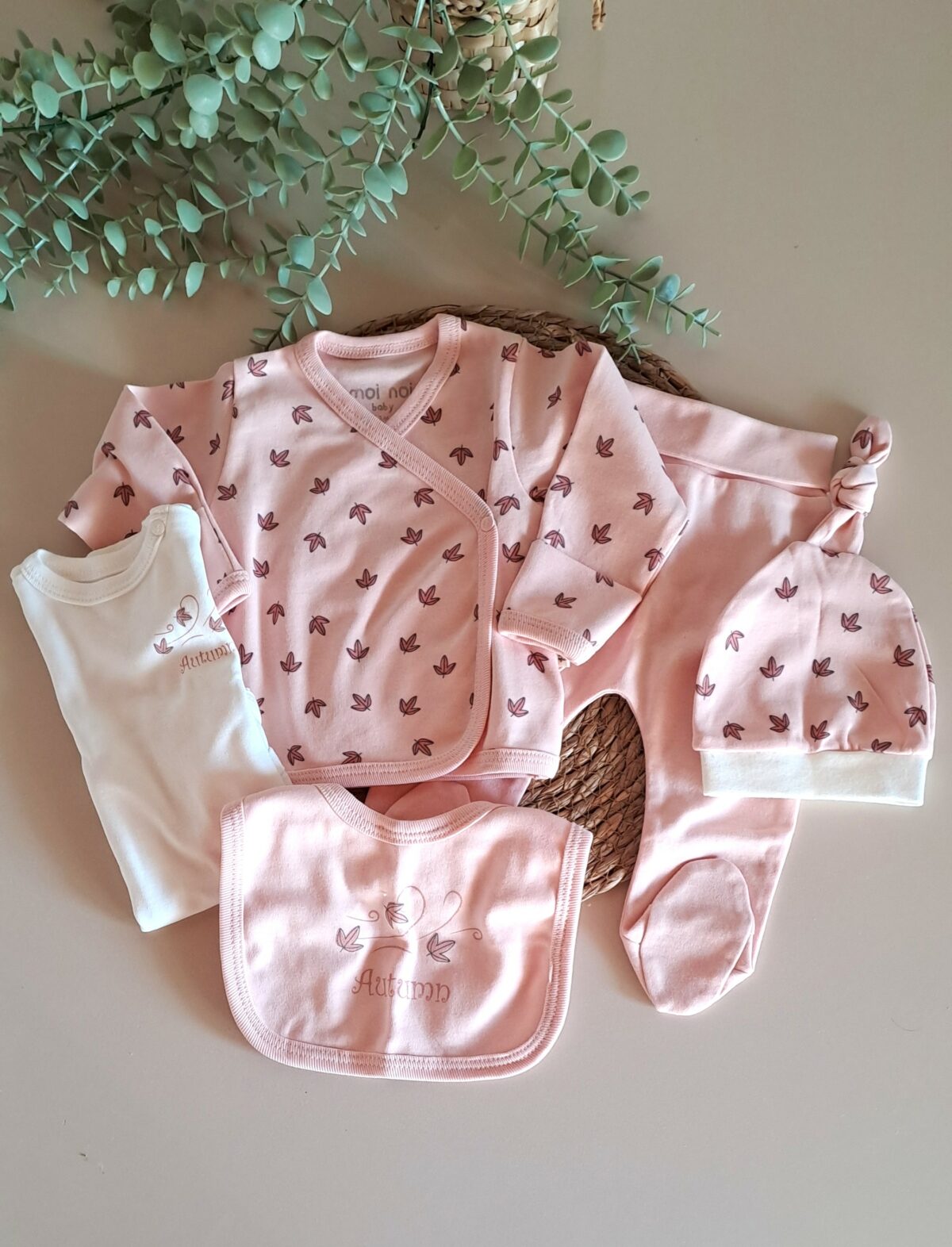 Pembe Yapraklı Kruvaze Yaka 5li Zıbın Seti - Görsel 1