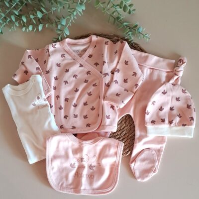 Pembe Yapraklı Kruvaze Yaka 5li Zıbın Seti