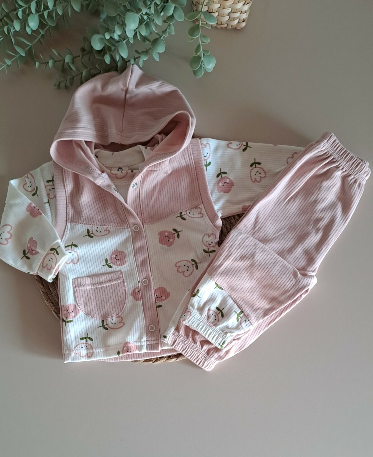 Kız Bebek Lale Model Kapüşonlu 3lü Takım - Görsel 1