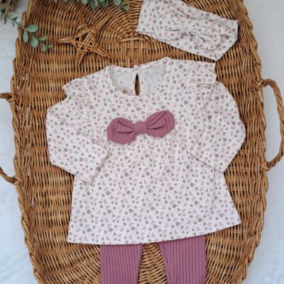 Kız Bebek Fiyonklu  Bandanalı 3lü Takım