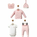 Pembe Yapraklı Kruvaze Yaka 5li Zıbın Seti