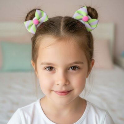 Yeşil Pembe Ponponlu Saç Lastik Toka 2li set