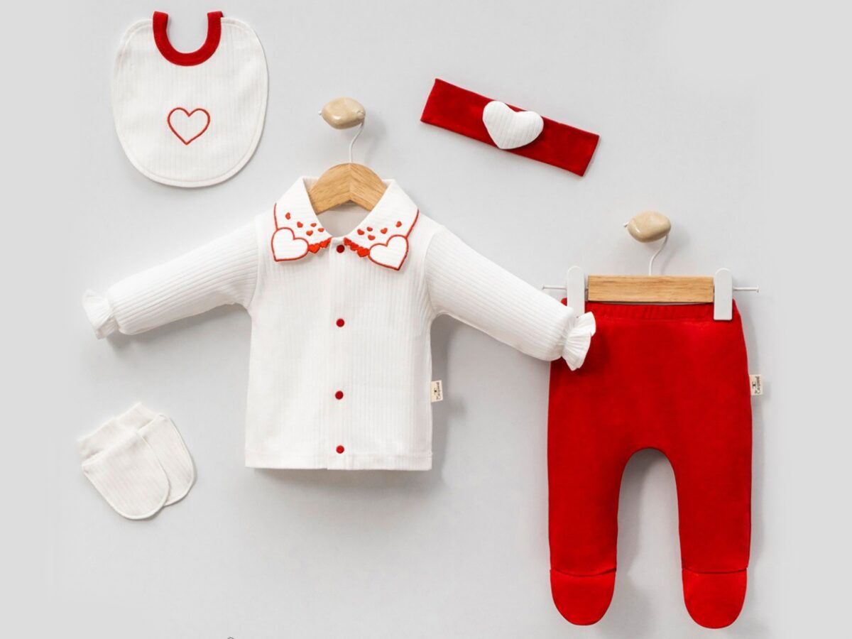 Kalp Nakışlı Yenidoğan Kız Bebe 5li Set - Görsel 1