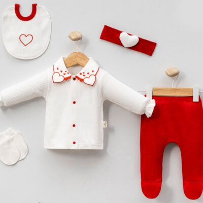 Kalp Nakışlı Yenidoğan Kız Bebe 5li Set
