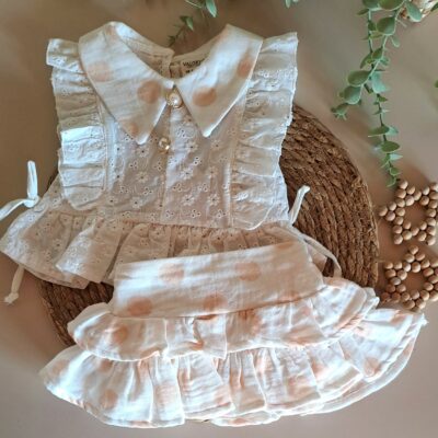 Müslin Fırfır Etekli Düğmeli %100 Pamuk Fisto Bluz 2li Takım