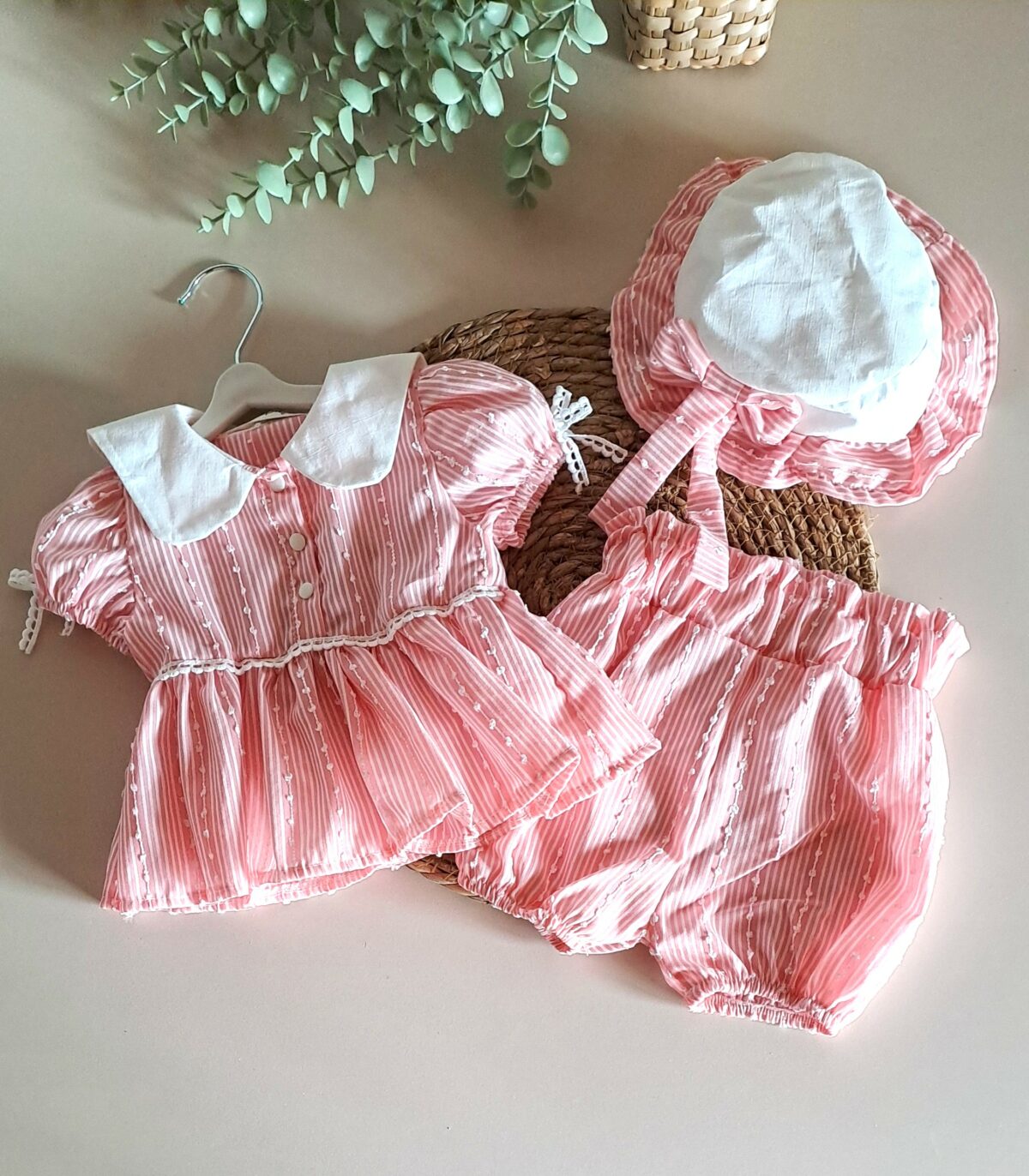 Kol Fiyonk Detaylı Şapkalı 3'lü Takım Pembe - Görsel 1