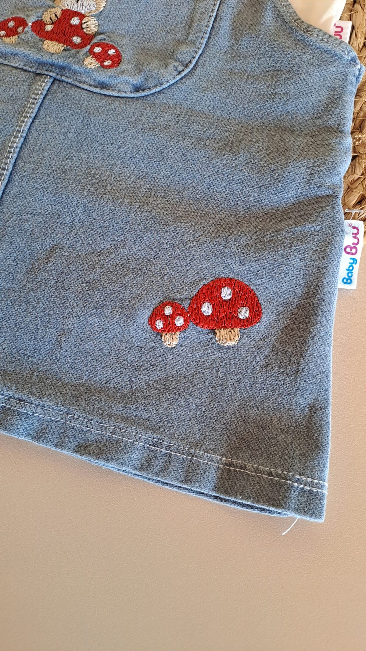 Badili Mantar Nakışlı Ayarlanabilir Kot Salopet Elbise - Görsel 5