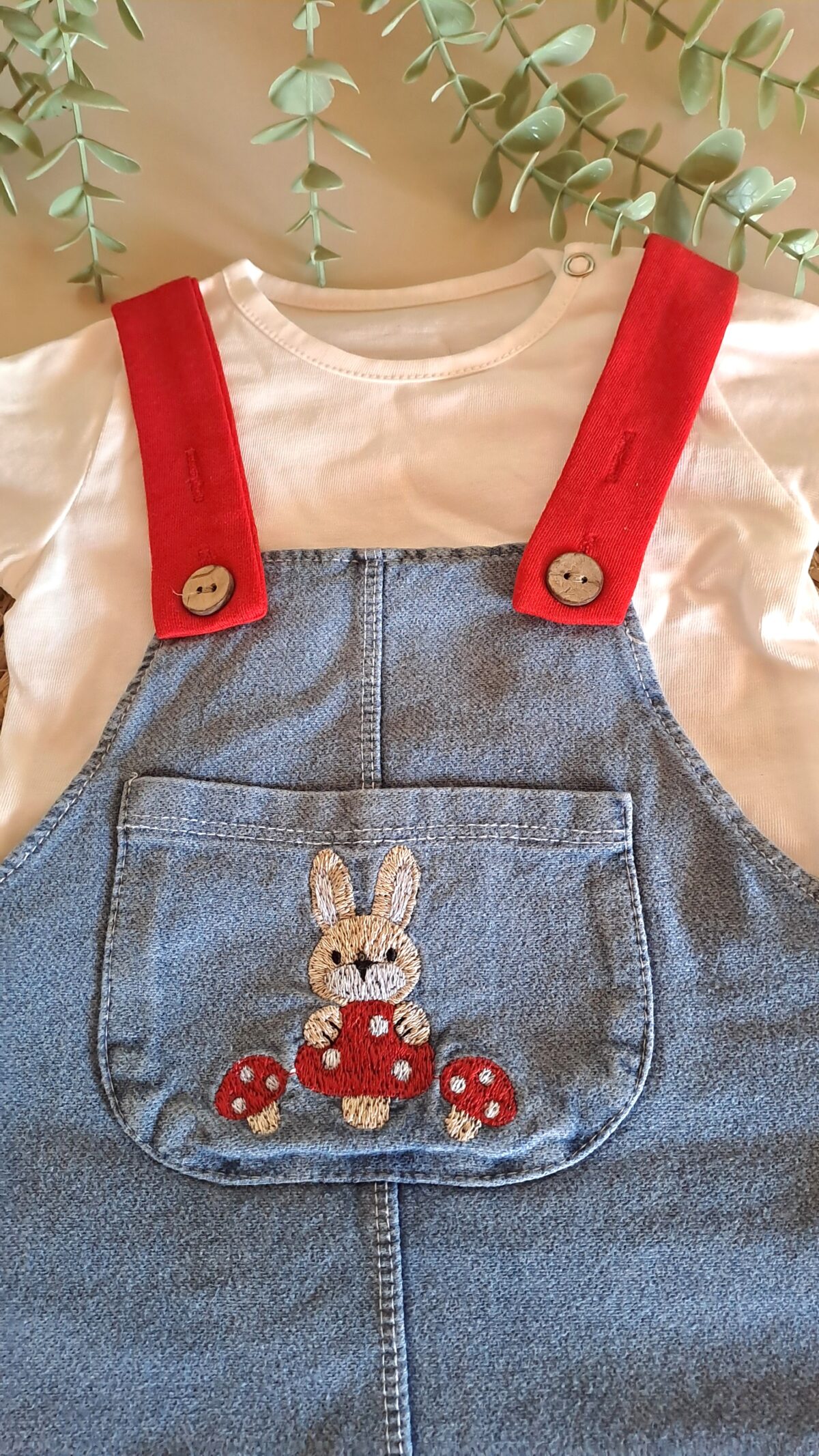 Badili Mantar Nakışlı Ayarlanabilir Kot Salopet Elbise - Görsel 6