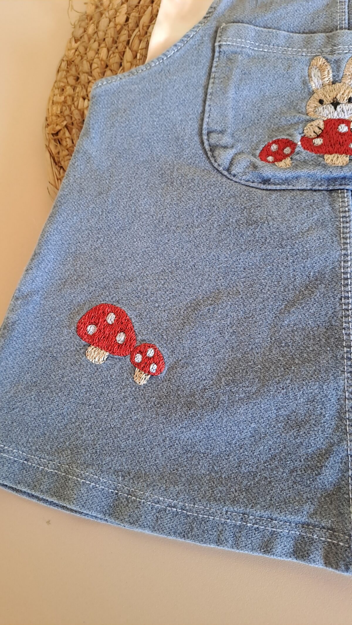 Badili Mantar Nakışlı Ayarlanabilir Kot Salopet Elbise - Görsel 8