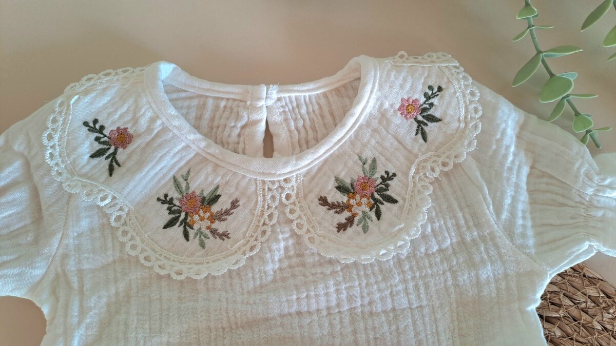 Yaka Nakışlı Bluz ve Fırfır Detay Şort %100 Pamuk Müslin Takım - Görsel 7