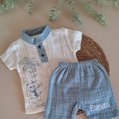 Panda Detaylı %100 Pamuk Müslin 2li Erkek Takım