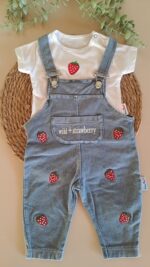 Pamuk Çilek Nakışlı Kot Salopet ve Tişört %100 Pamuk - Görsel 3