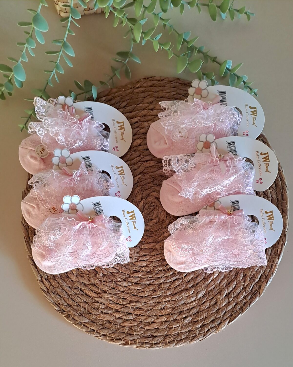 Bilek Dantelli Kısa Kız Çorap Pembe Beyaz Krem - Görsel 1