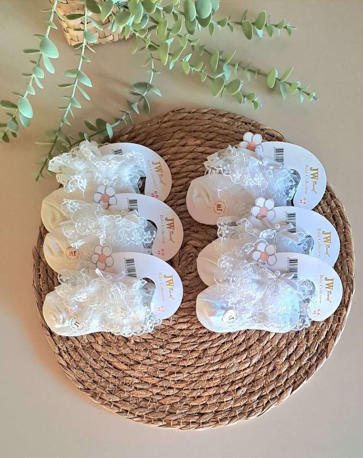 Bilek Dantelli Kısa Kız Çorap Pembe Beyaz Krem - Görsel 2