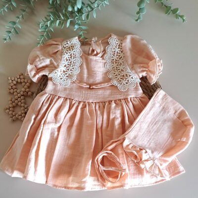 Dantel Yakalı Bereli %100 Pamuk Müslin Elbise