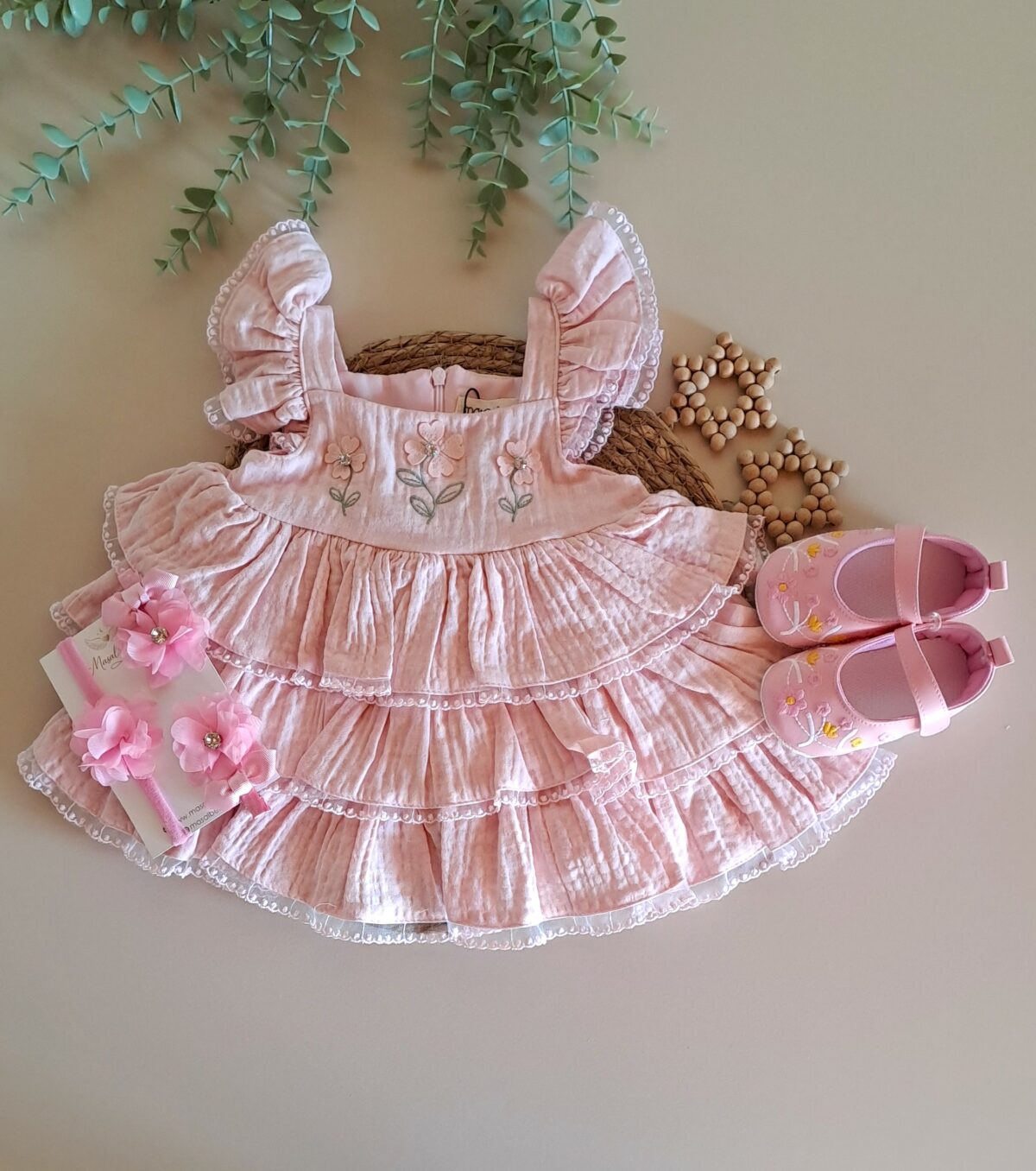 Kız Bebek %100 Pamuk Organik Müslin Pembe Çiçek Fırfırlı Elbise - Görsel 1