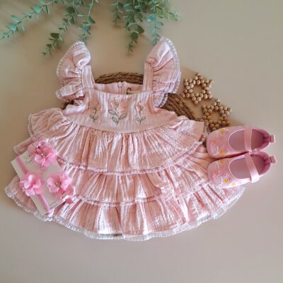 Kız Bebek %100 Pamuk Organik Müslin Pembe Çiçek Fırfırlı Elbise