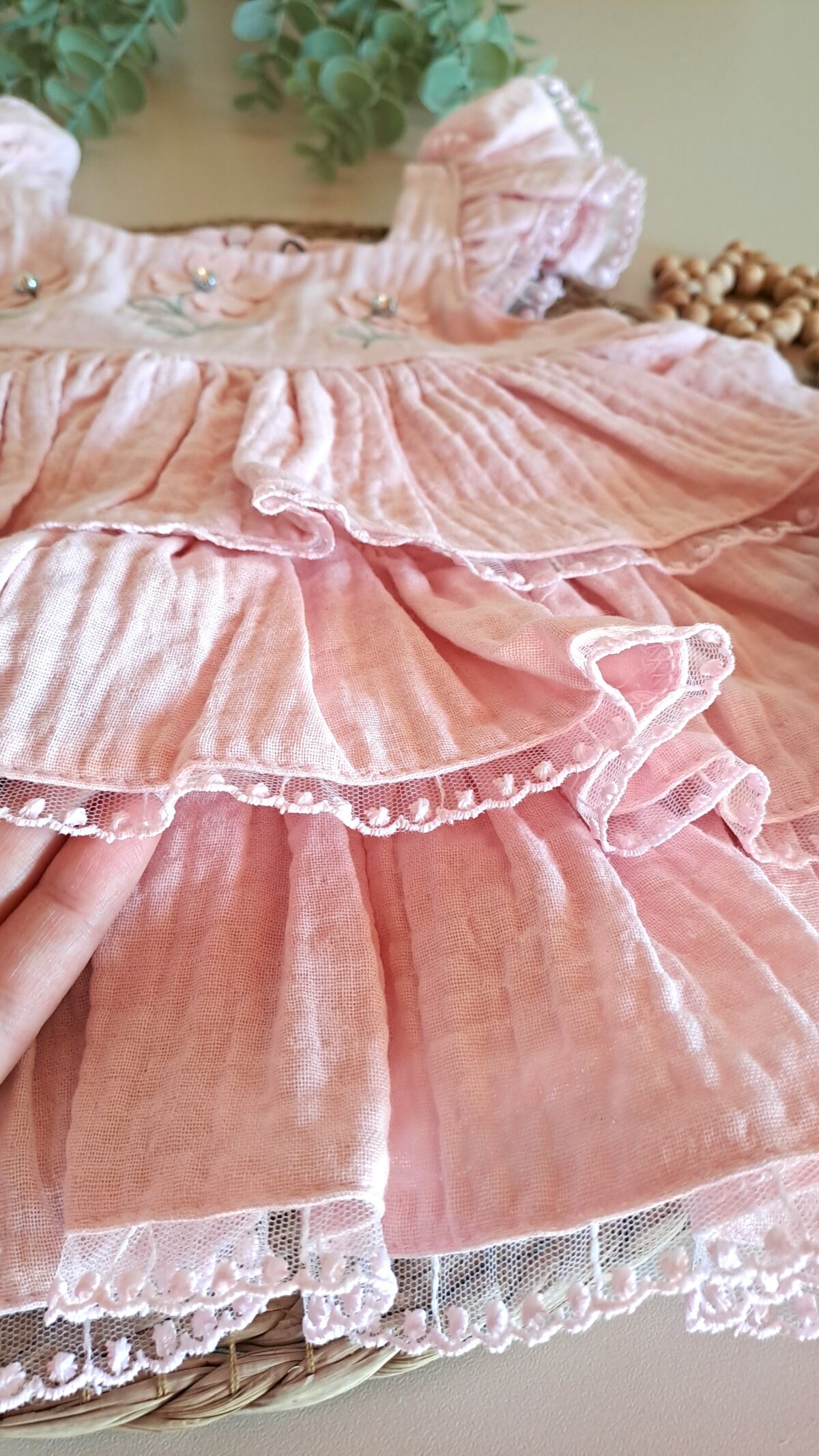 Kız Bebek %100 Pamuk Organik Müslin Pembe Çiçek Fırfırlı Elbise - Görsel 6