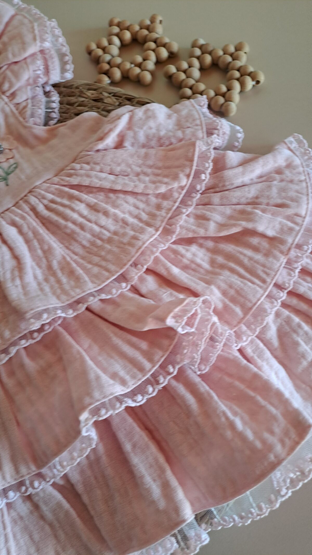 Kız Bebek %100 Pamuk Organik Müslin Pembe Çiçek Fırfırlı Elbise - Görsel 5