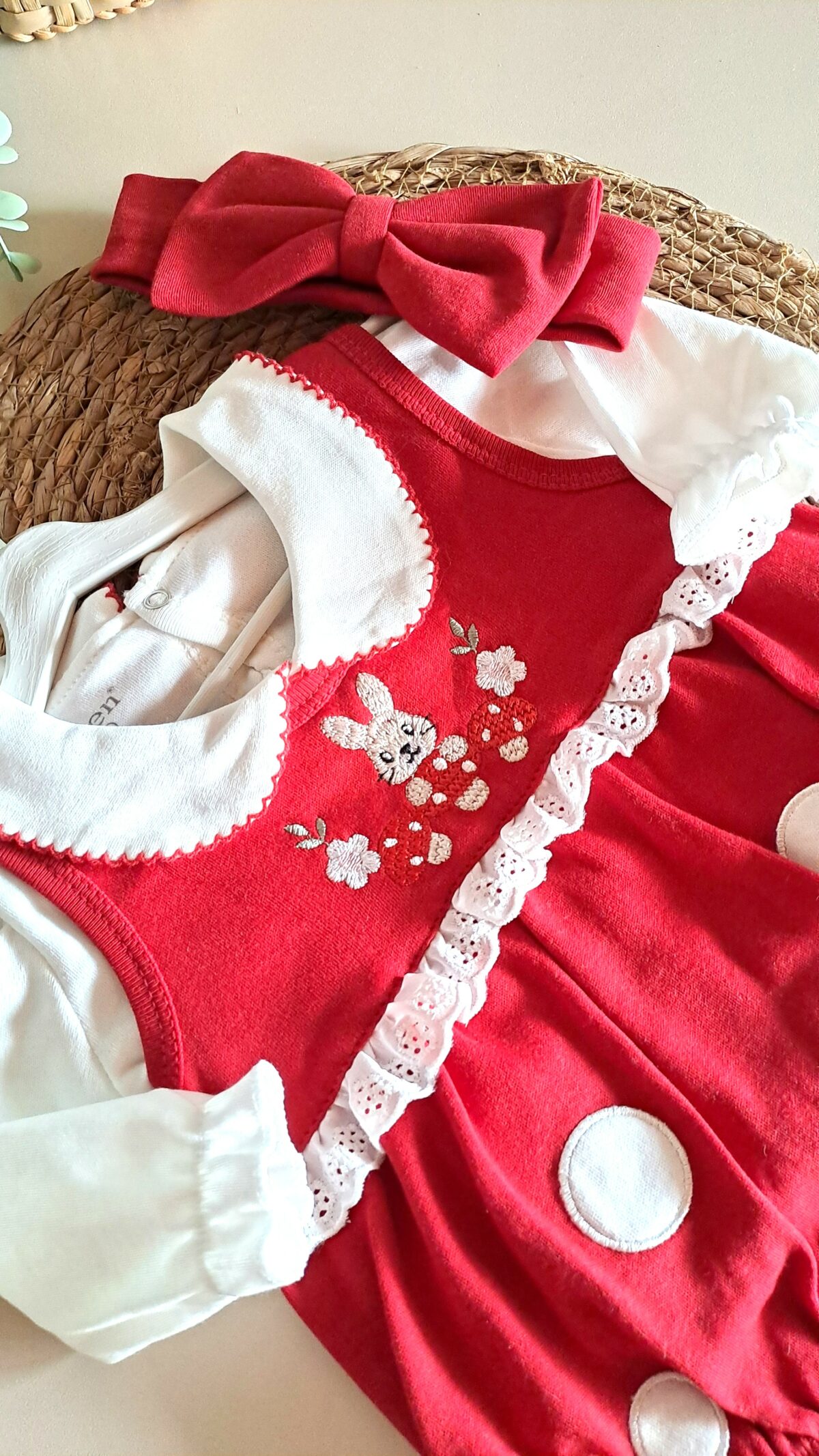 %100 Pamuk Tavşan Nakışlı Saç Bantlı Romper - Görsel 3