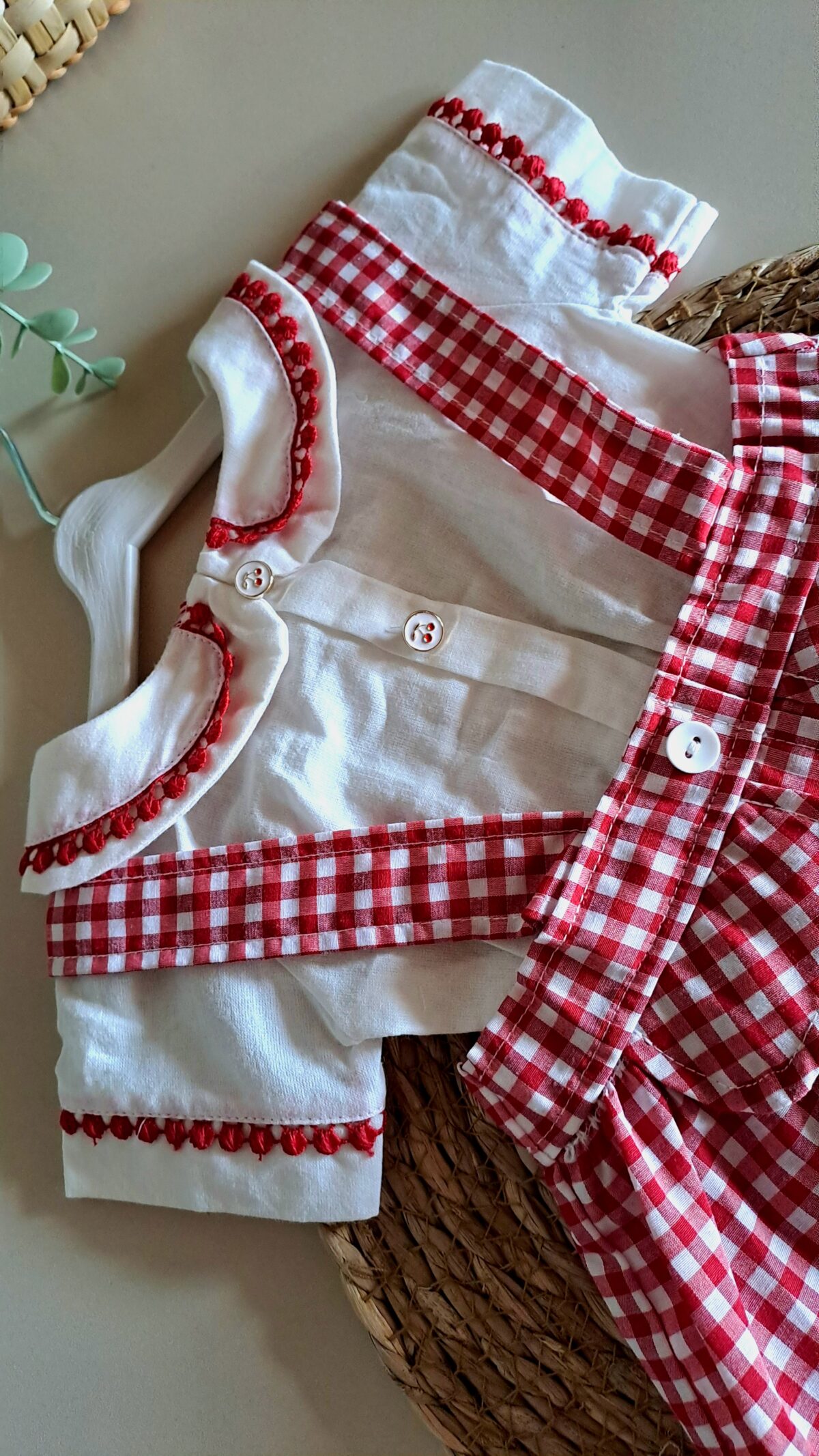 Kırmızı Ekose Desen Zıbınlı Bady Salopetli Kız Bebek Takım %100 Pamuk - Görsel 6