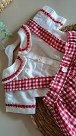 Kırmızı Ekose Desen Zıbınlı Bady Salopetli Kız Bebek Takım %100 Pamuk - Görsel 6