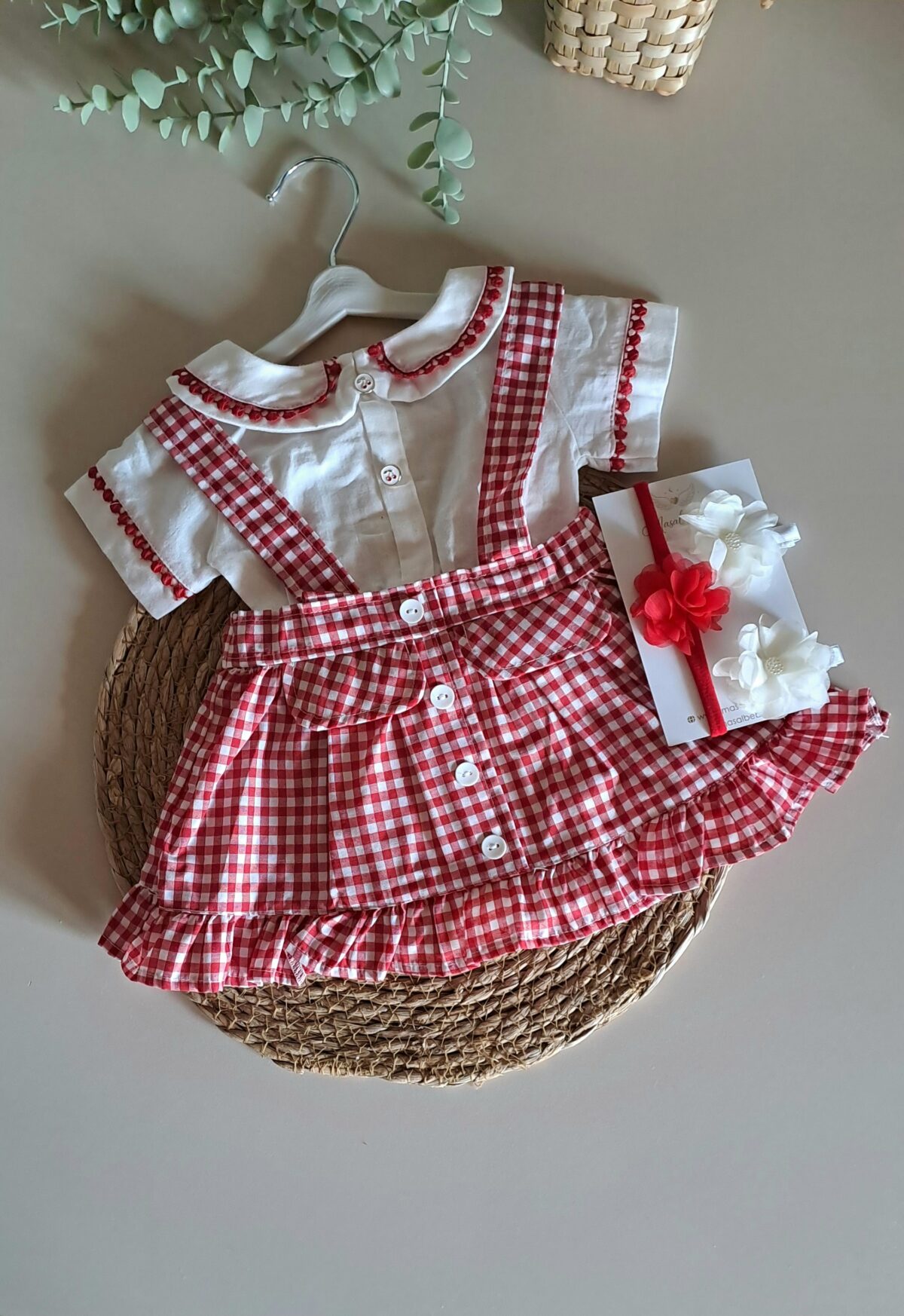 Kırmızı Ekose Desen Zıbınlı Bady Salopetli Kız Bebek Takım %100 Pamuk - Görsel 3