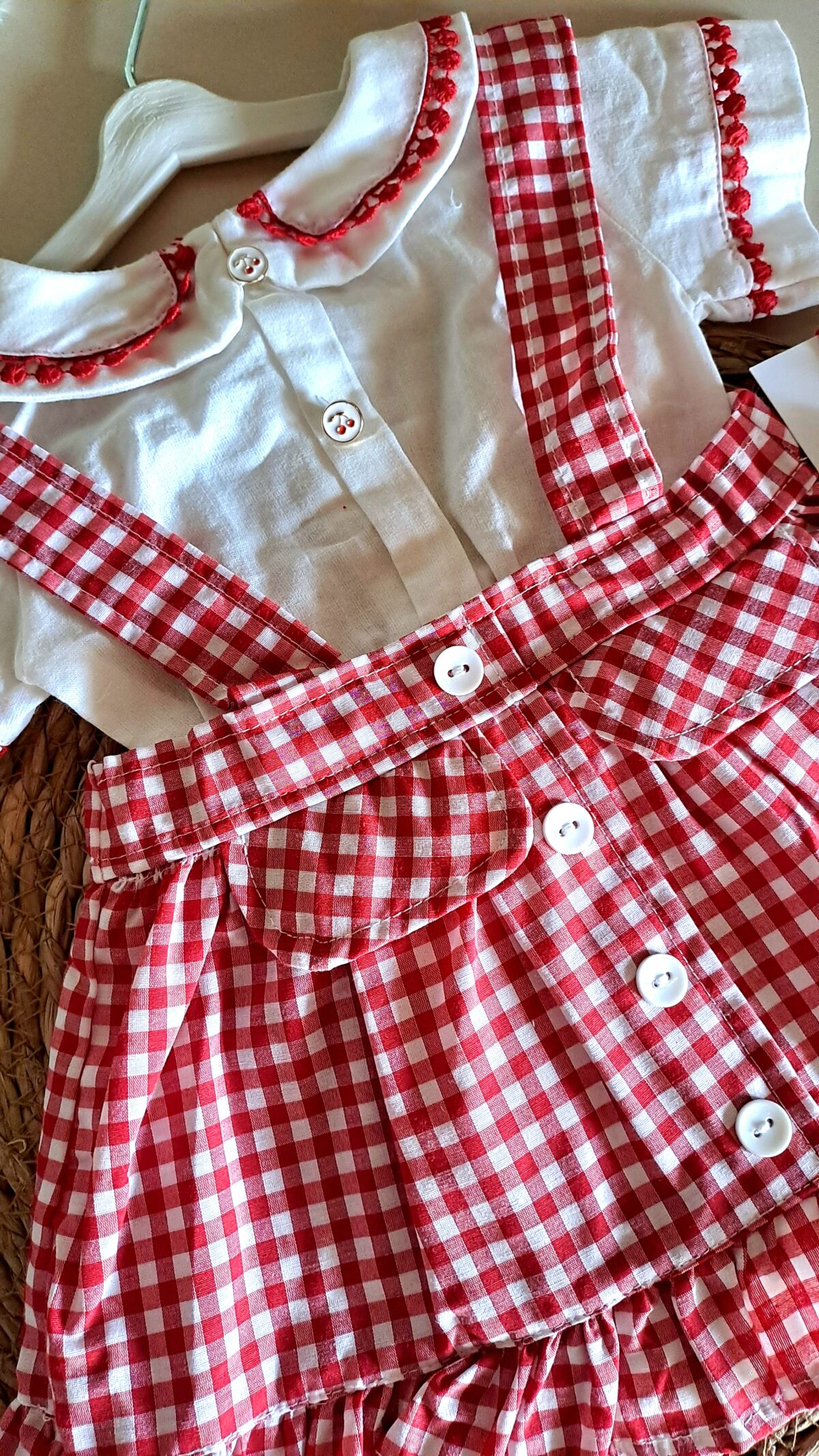 Kırmızı Ekose Desen Zıbınlı Bady Salopetli Kız Bebek Takım %100 Pamuk - Görsel 4