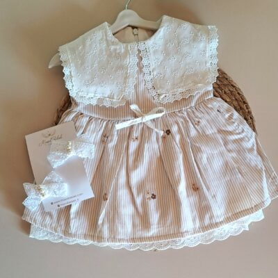 Kahve Fisto Geniş Yakalı %100 Pamuk Çiçek Nakışlı Elbise