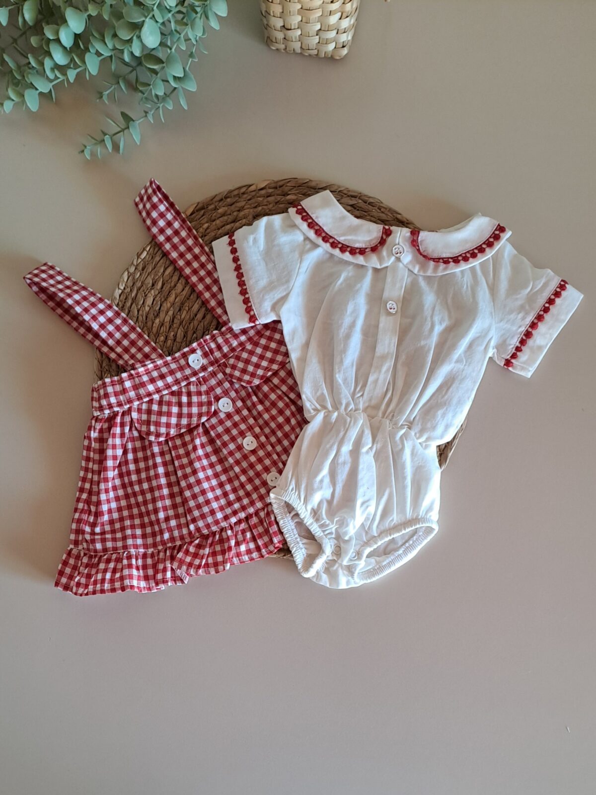 Kırmızı Ekose Desen Zıbınlı Bady Salopetli Kız Bebek Takım %100 Pamuk - Görsel 9