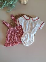 Kırmızı Ekose Desen Zıbınlı Bady Salopetli Kız Bebek Takım %100 Pamuk - Görsel 9