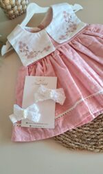 Yakası Çiçek Nakışlı Kare Yakalı Pudra Elbise %100 Pamuk - Görsel 5