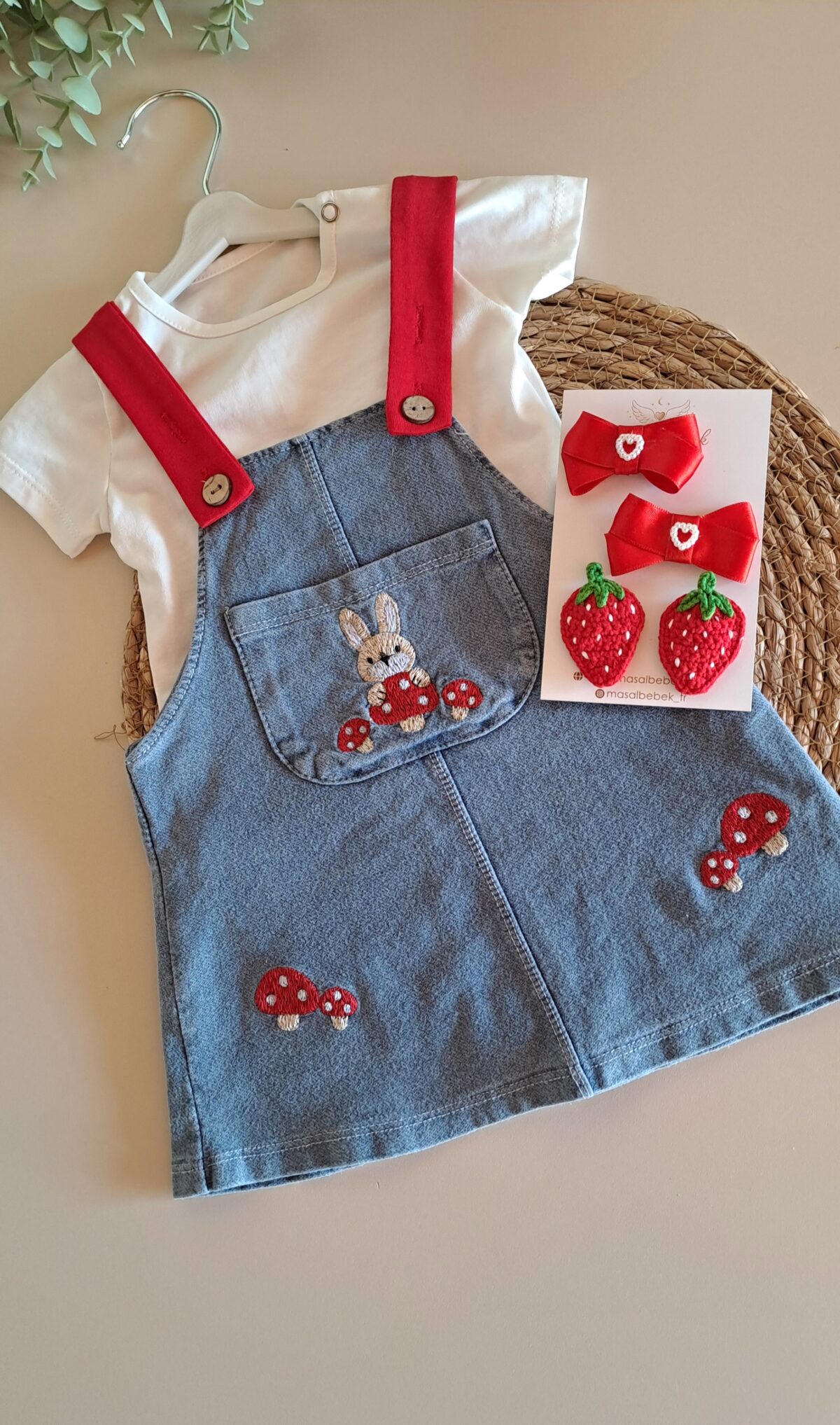 Badili Mantar Nakışlı Ayarlanabilir Kot Salopet Elbise - Görsel 1