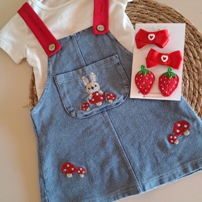 Badili Mantar Nakışlı Ayarlanabilir Kot Salopet Elbise