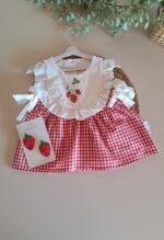 Çilek Nakışlı Fırfırlı Pötikare Elbise %100 Pamuk