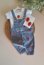 Pamuk Çilek Nakışlı Kot Salopet ve Tişört %100 Pamuk