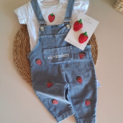 Pamuk Çilek Nakışlı Kot Salopet ve Tişört %100 Pamuk