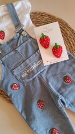 Pamuk Çilek Nakışlı Kot Salopet ve Tişört %100 Pamuk - Görsel 4