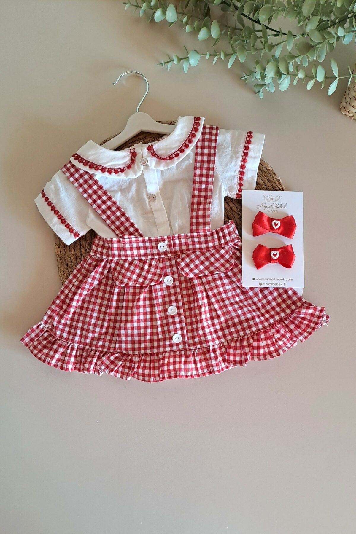 Kırmızı Ekose Desen Zıbınlı Bady Salopetli Kız Bebek Takım %100 Pamuk - Görsel 1