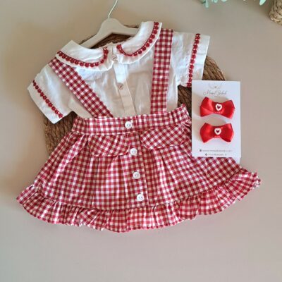 Kırmızı Ekose Desen Zıbınlı Bady Salopetli Kız Bebek Takım %100 Pamuk