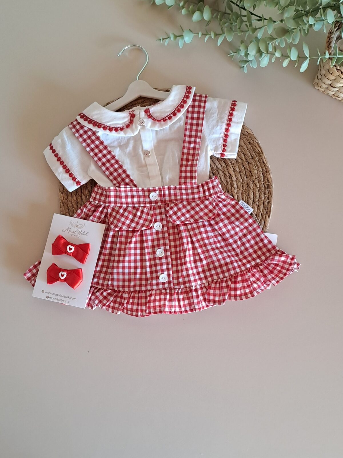 Kırmızı Ekose Desen Zıbınlı Bady Salopetli Kız Bebek Takım %100 Pamuk - Görsel 11