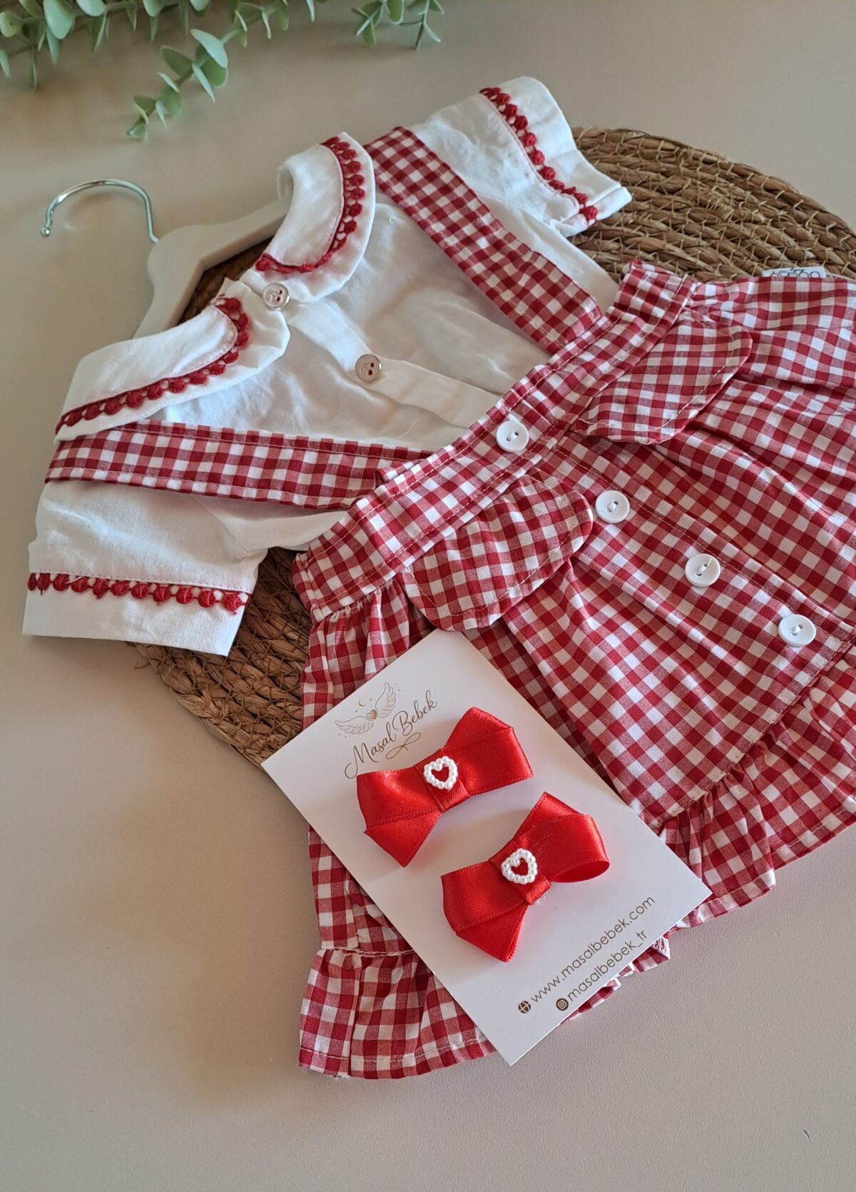 Kırmızı Ekose Desen Zıbınlı Bady Salopetli Kız Bebek Takım %100 Pamuk - Görsel 2