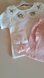 Yaka Nakışlı Bluz ve Fırfır Detay Şort %100 Pamuk Müslin Takım - Görsel 2