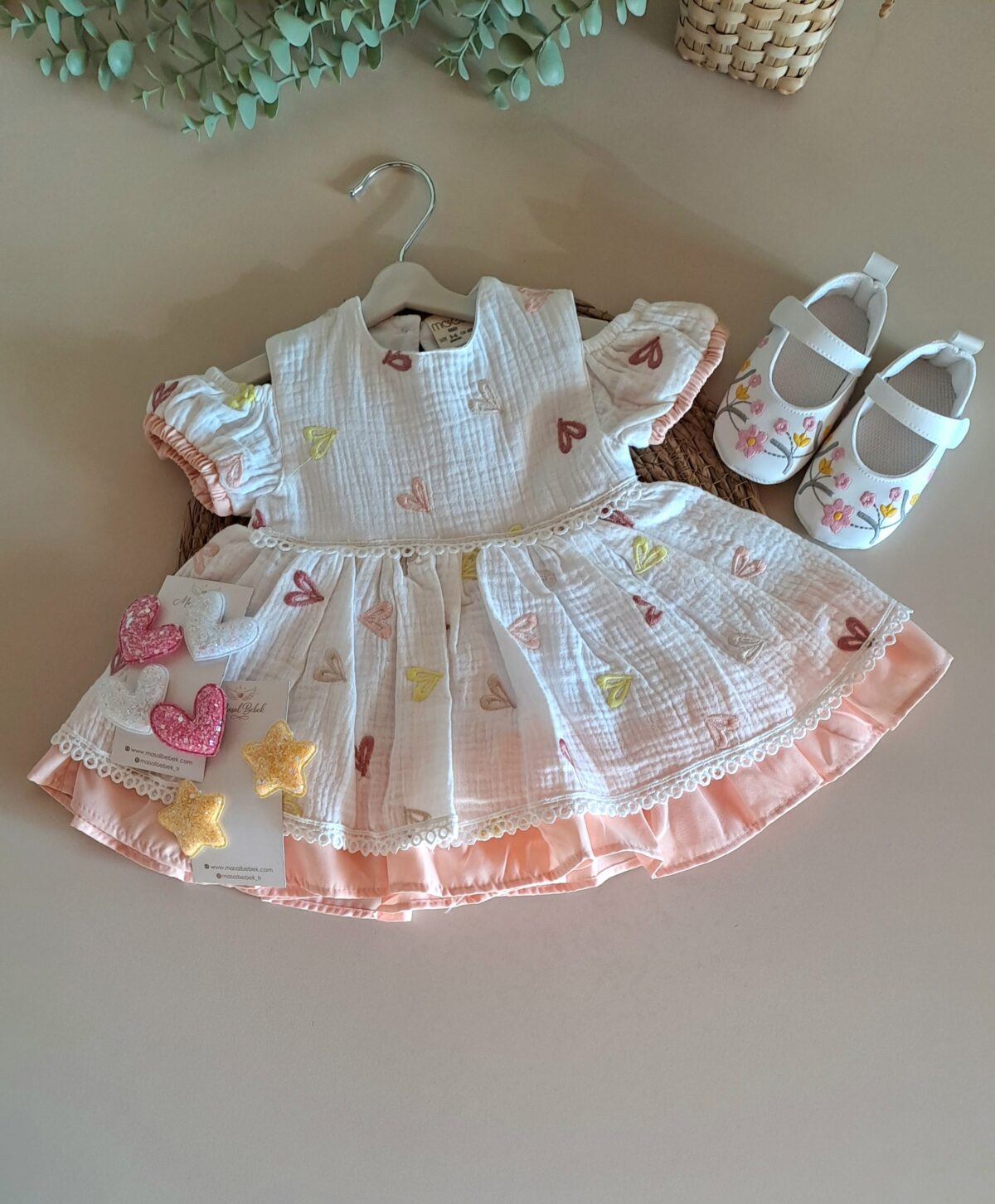 Renkli Kalpli  Müslin Elbise %100 Pamuk - Görsel 1